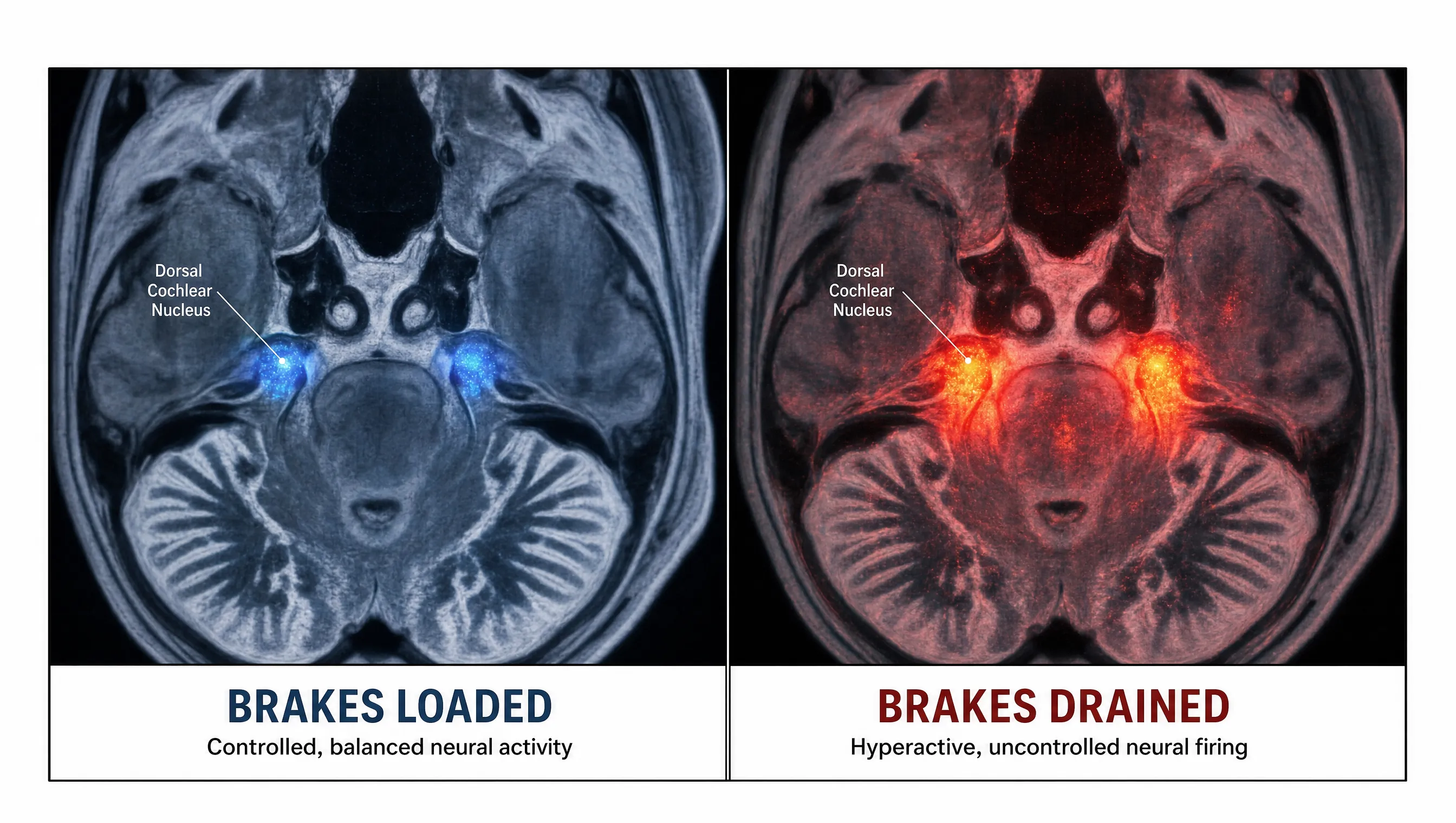 Side-by-side brain scans showing the dorsal cochlear nucleus with brakes loaded (cool blue, controlled firing) on the left versus brakes drained (chaotic red and orange hyperactive firing) on the right