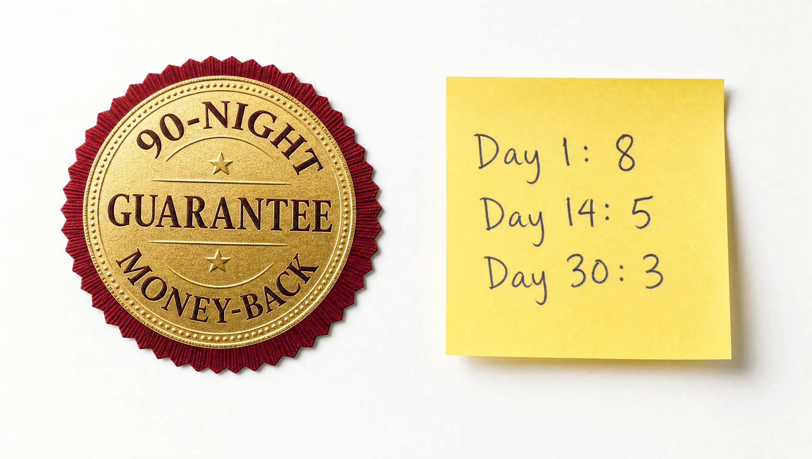 Gold 90-night money-back guarantee seal beside a yellow sticky note with handwritten tracking numbers: Day 1: 8, Day 14: 5, Day 30: 3