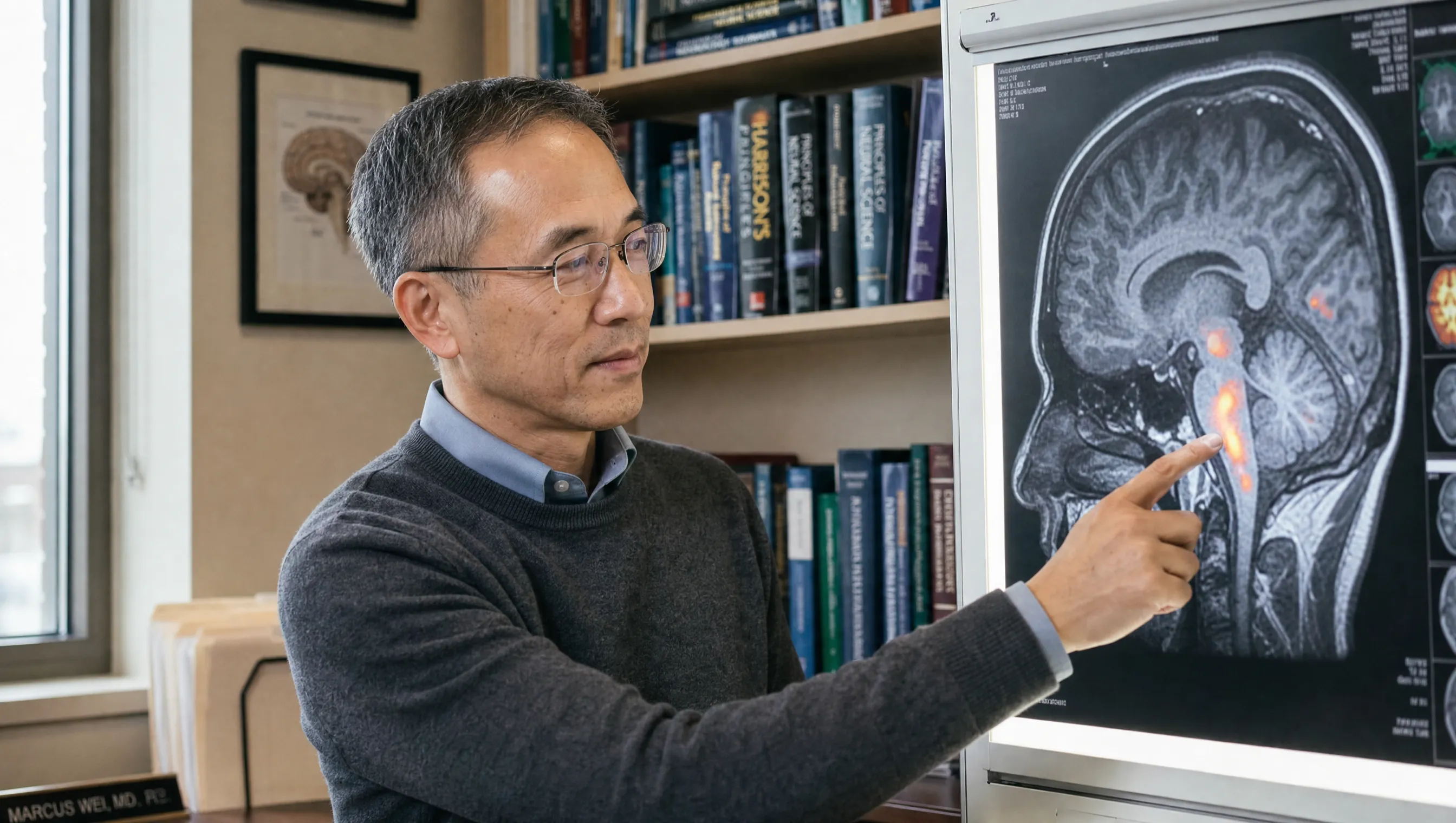 Dr. Marcus Wei examining a sagittal MRI brain scan on a backlit lightbox, pointing at the brainstem activation area