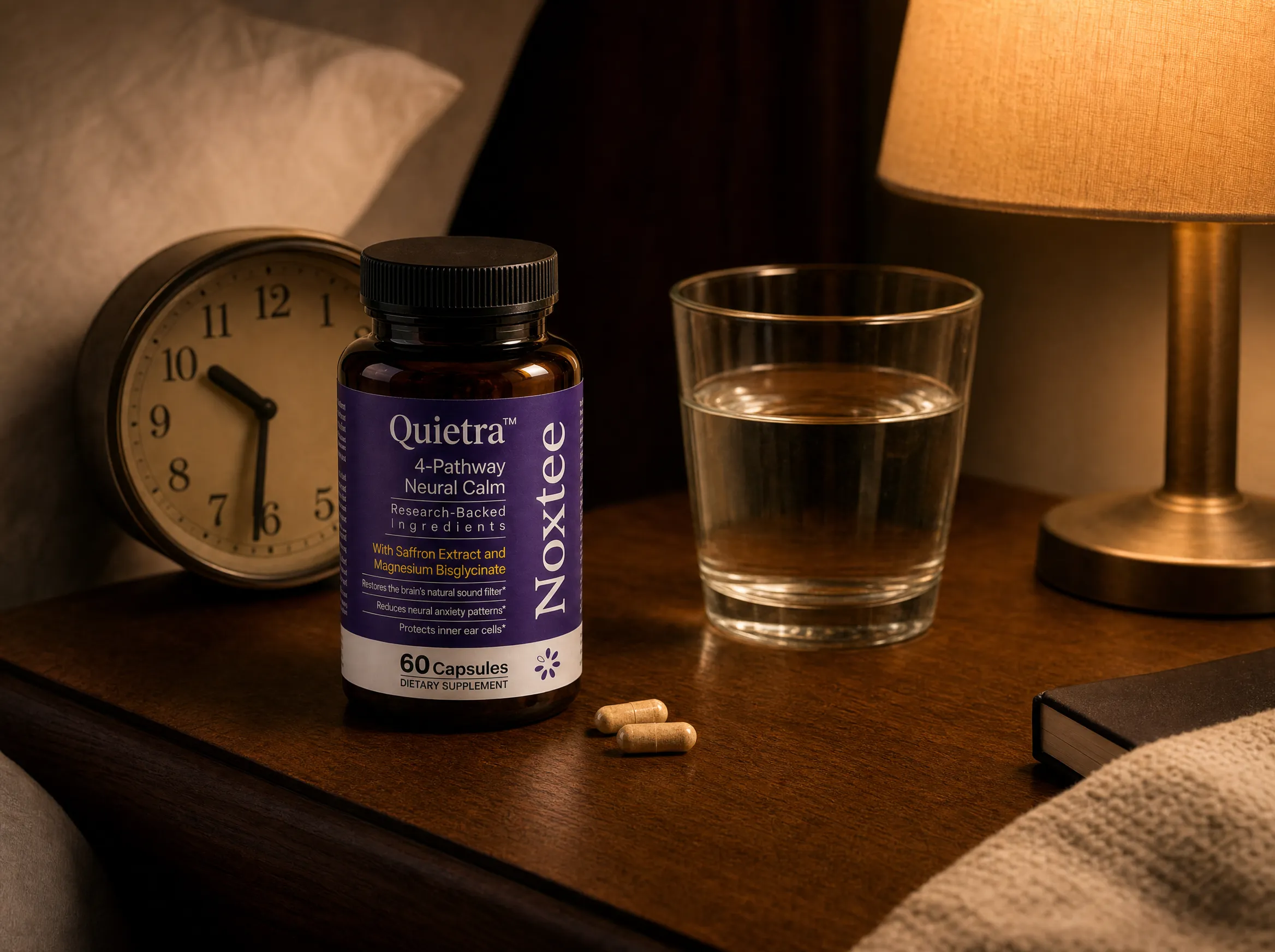 Noxtee Quietra bottle on a wooden nightstand at bedtime with two capsules beside it, a glass of water, an analog clock, and a warm bedside lamp