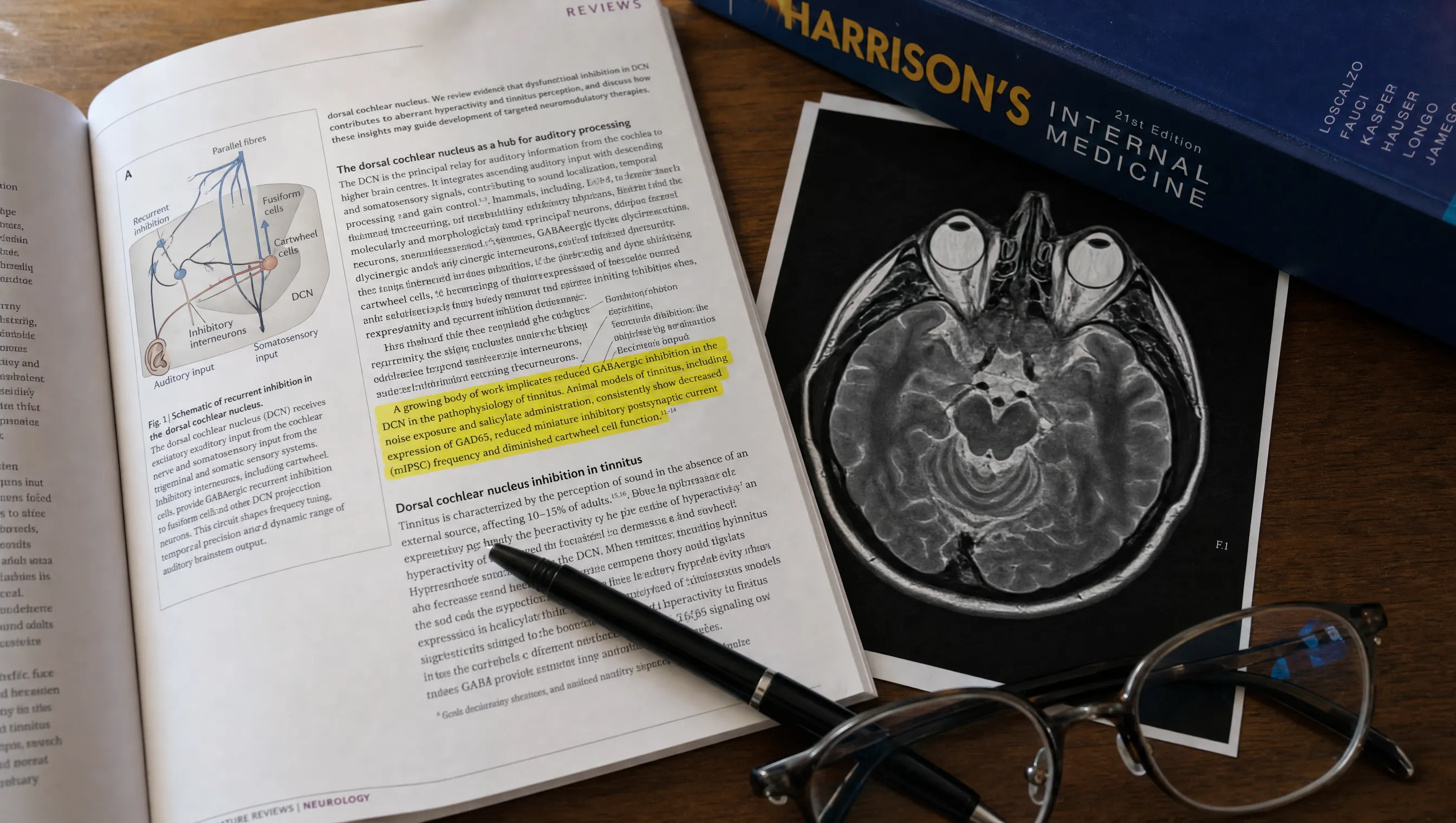 Open neurology journal with a yellow-highlighted passage on dorsal cochlear nucleus inhibition, beside a brain MRI scan, a black pen, reading glasses, and a Harrison's Internal Medicine textbook on a wooden desk